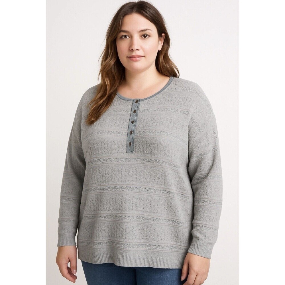 Sundance Womens XXL Gray Knit Henley Sweater Lace Detail Long Sleeve Top